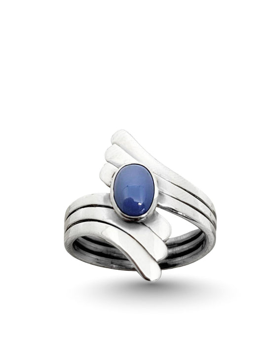 Doğal Mavi Akik Taşlı Kanat Gümüş Kadın Yüzük