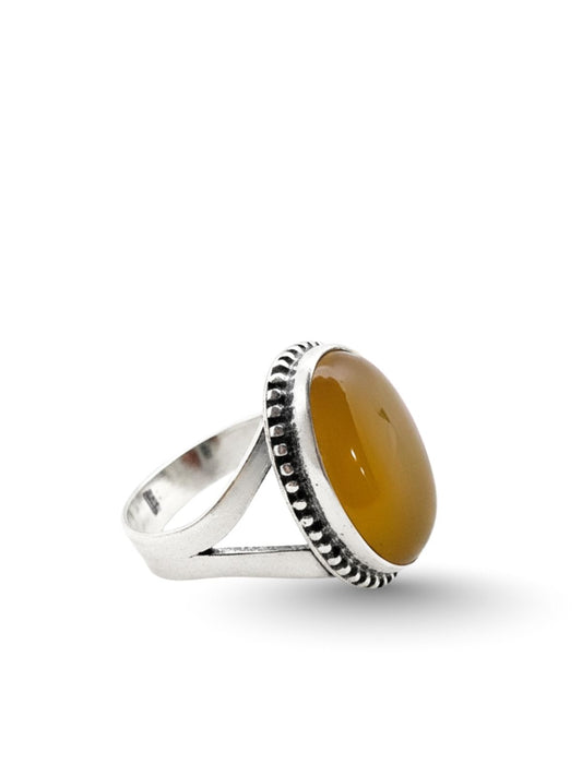 İri Oval Doğal Sarı Akik Taşlı Kadın Gümüş Yüzük