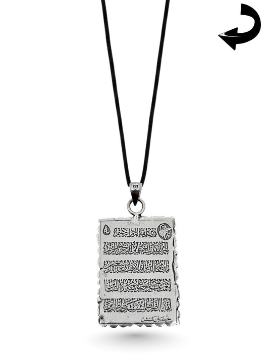 İri Dikdörtgen Fatiha ve Ehl-i Beyt İsimli Gümüş Plaka Kolye Ucu 4.9x2.6 [OYSY178]