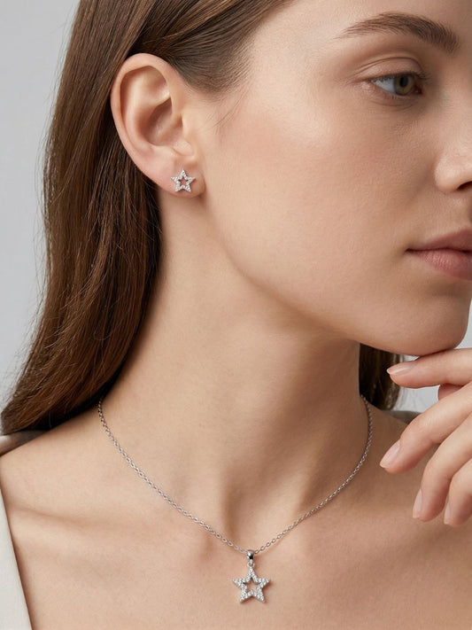 Minimal Zirkon Taşlı İçi Boş Yıldız Gümüş Set Takım [OYSY263]