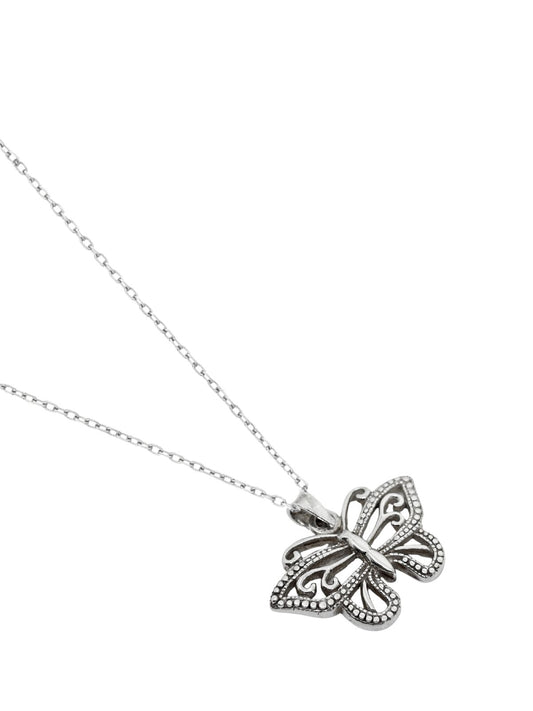 Nokta İşlemeli Gümüş Kelebek Kolye 2.4x2.7 cm [OYSY236]