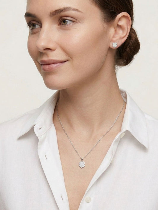 Minimalist Parlak Yonca Gümüş Kolye ve Küpe Seti [OYSY265]