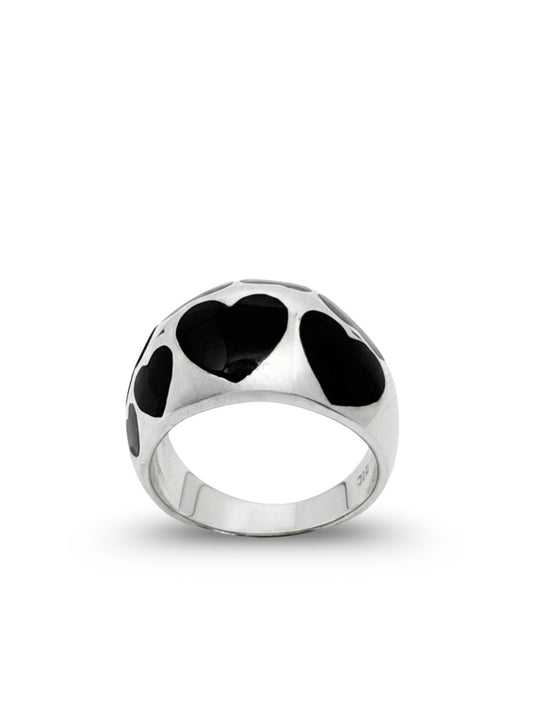 Siyah Mineli Kalp Tasarım Gümüş Kadın Yüzük