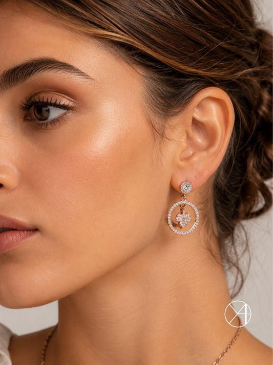 Vidalı Rose Gümüş Yaprak Sallantılı Taşlı Gümüş Küpe 2.9x1.9cm [OYOK347]
