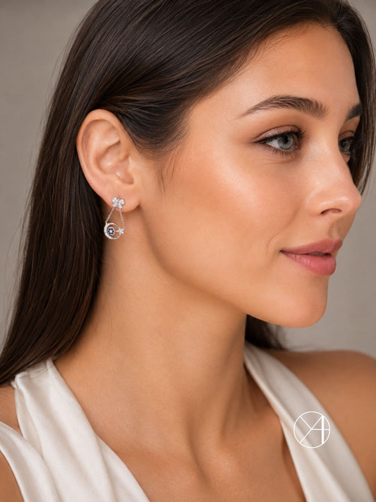 Zirkon Taşlı Nazar Ay Yıldız Sallantılı Gümüş Küpe 2.3x1cm [OYOK355]