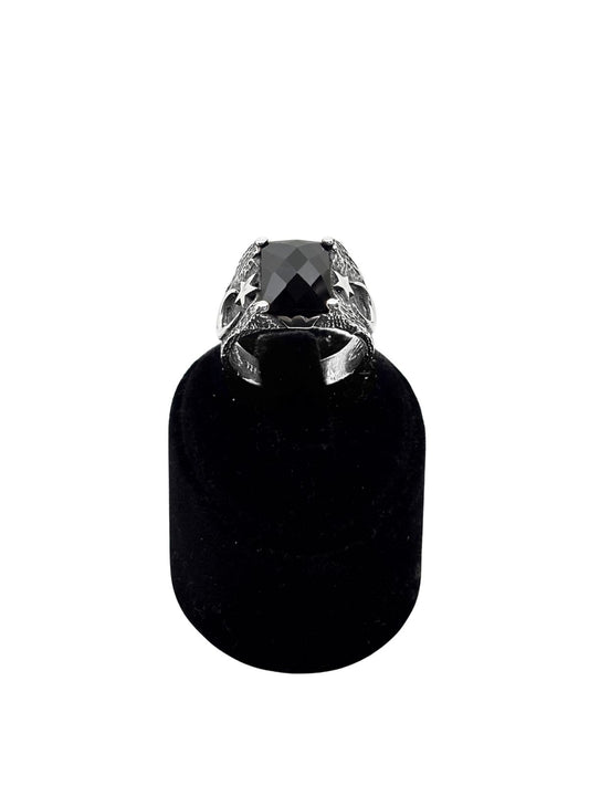 Ay Yıldız Motifli Kesme Oniks Gümüş Erkek Yüzük