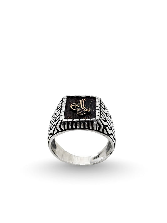 Kalemli Kare Tuğra Gümüş Erkek Retro Yüzük