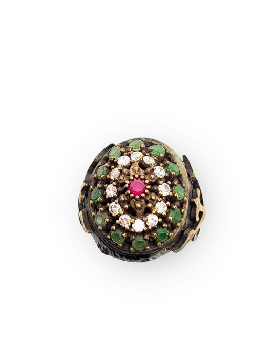 Otantik Yakut Zümrüt Zirkon Taşlı Gümüş Vintage Kadın Yüzük