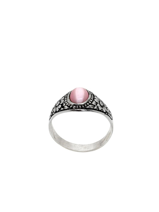 Çiçek Desenli Pembe Sedef Taşlı Gümüş Yüzük
