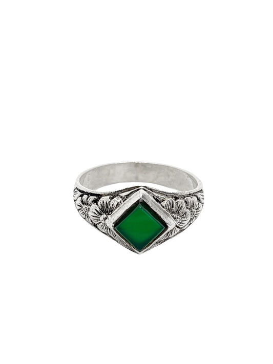 Çiçek Desenli Yeşil Akik&Oniks Taşlı Gümüş Erkek Yüzük
