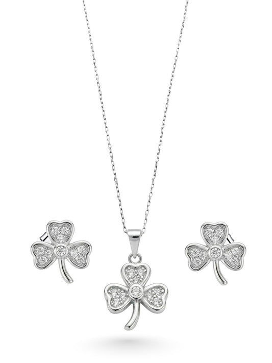 Minimal Beyaz Işıltılı Yonca Gümüş Set&Takım