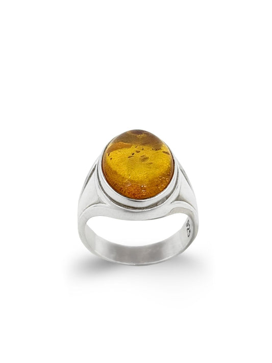 Damarlı Oval Doğal Kehribar Taşlı Gümüş Kadın Yüzük