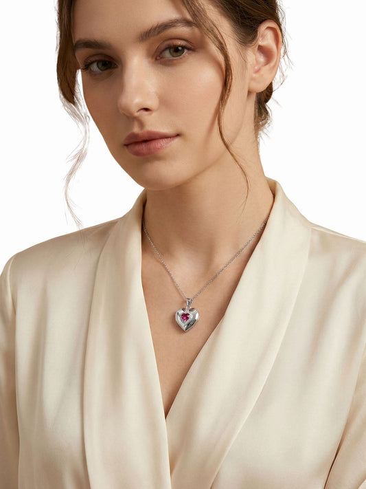 Pembe Zirkon Taşlı Kapaklı Kalp Gümüş Kadın Kolye 2x1.6 cm