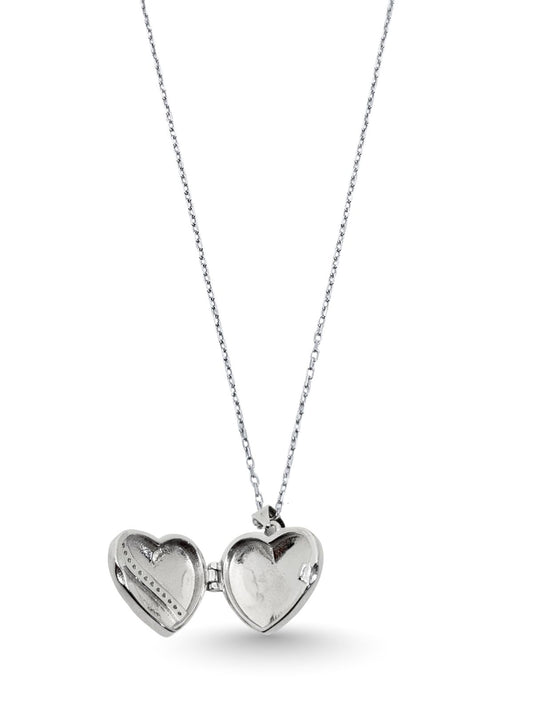 Beyaz Zirkon Taşlı Kapaklı Kalp Gümüş Kadın Kolye 1.8x2 cm