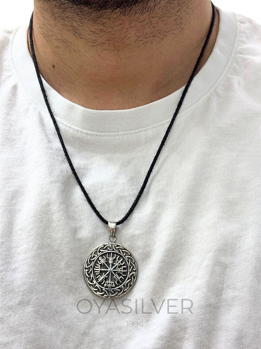 Viking Pusulası Vegvisir Gümüş Madalyon Kolye 4.1x3 cm [OYOT454]