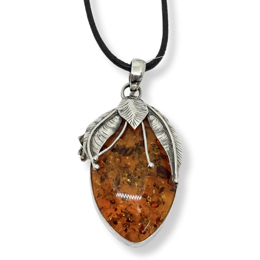 Amber Amber Natural Stone Silver Framed Women's Necklace