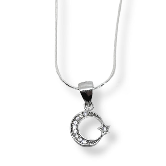 White Sparkling Crescent Star Silver Women's Necklace