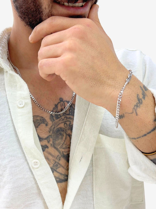 Beyaz Altın Kaplama Gurmet Gümüş Zincir Kolye&Bileklik Seti 4mm