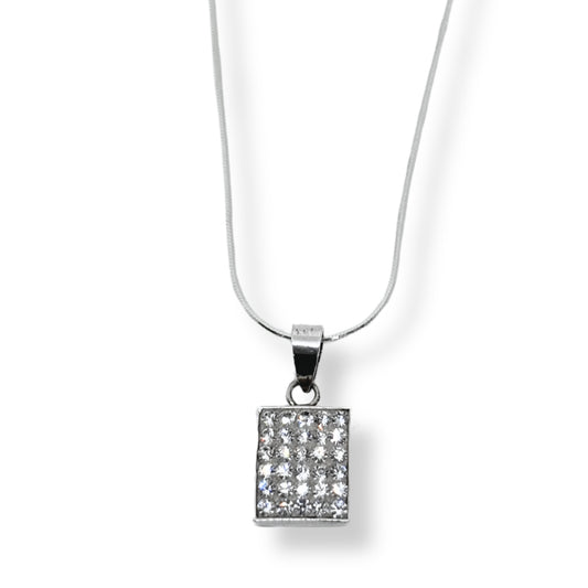 Mini White Sparkle Bezel Rectangular Silver Women's Necklace IKM