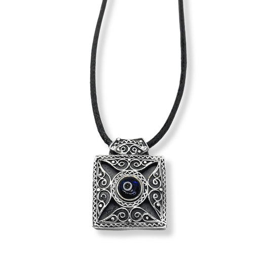 Authentic Embroidered Square Medallion Evil Eye Silver Necklace/Car Mirror Decor