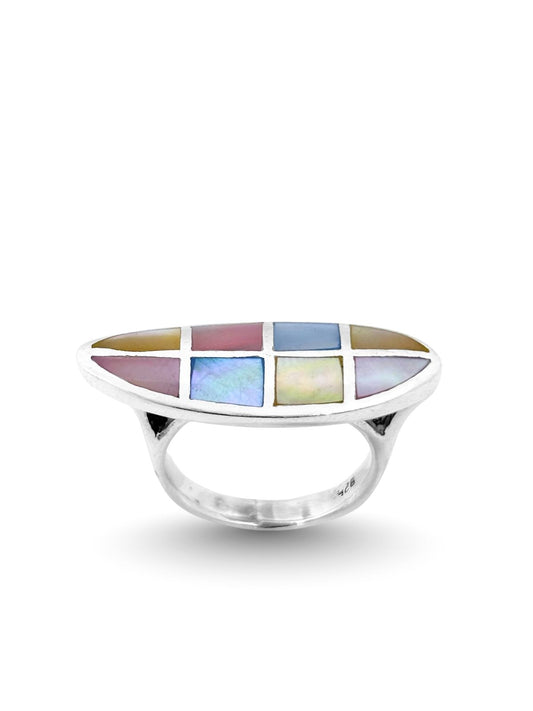Retro Panama Renkli Sedef Taşlı Gümüş Kadın Yüzük