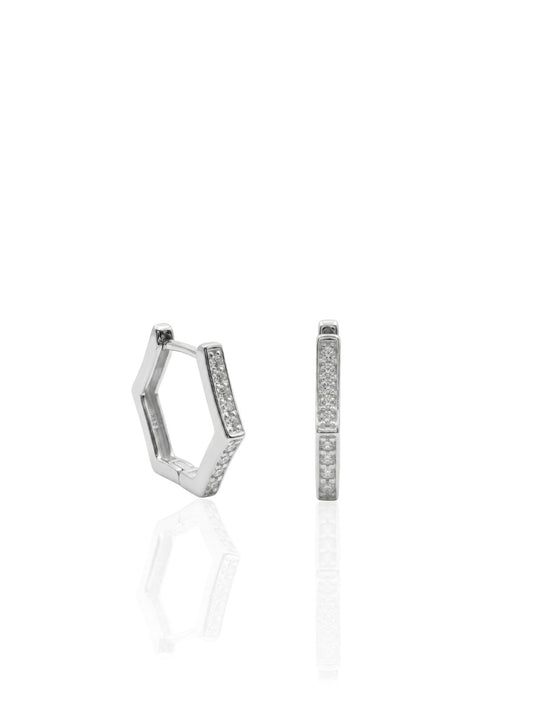 İnce Altıgen Form Zirkon Taşlı Gümüş Halka Küpe 1.4 x 1.4 cm [OYSY285]