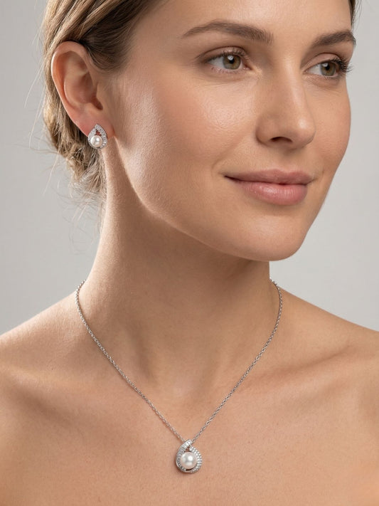Baget Taşlı İnci Detaylı Gümüş Kolye Küpe Seti [OYSY268]