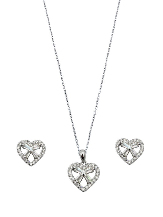 Zirkon Baget Taşlı Kalp Kadın Gümüş Set Takım