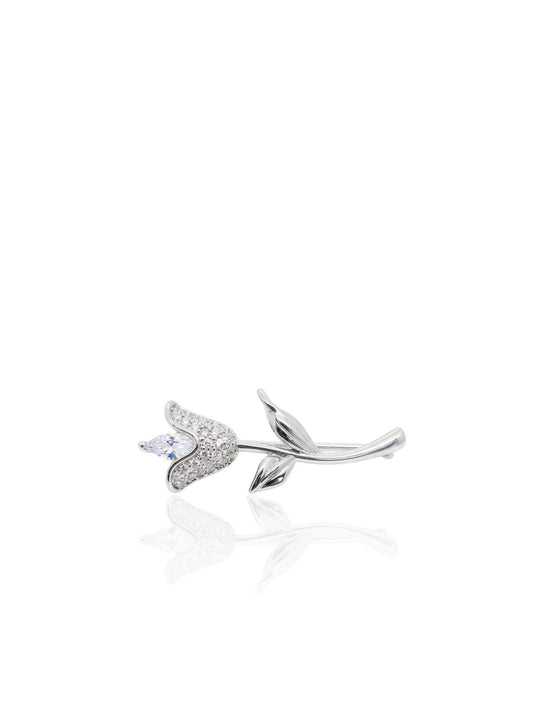 Beyaz Zirkon Taşlı Lale Gümüş Broş 3x1.1 cm [OYSY245]