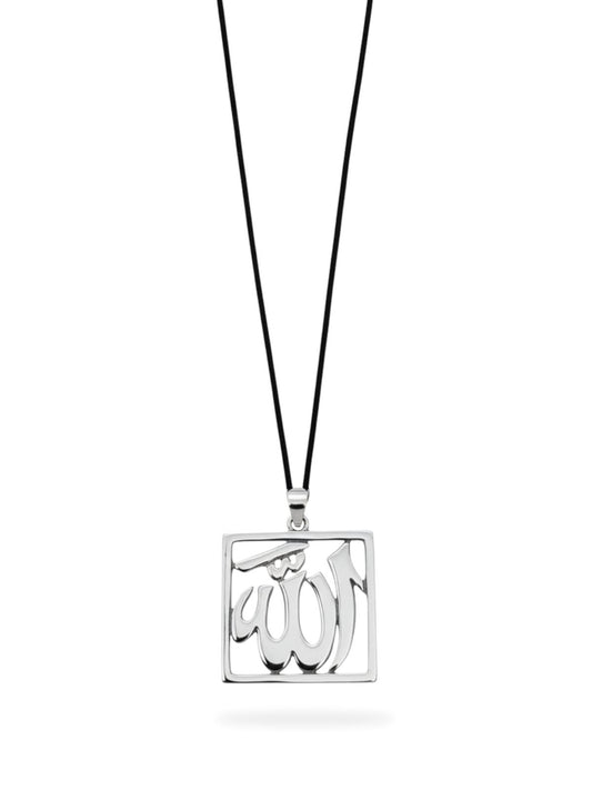 Kare Çerçeveli Allah Yazılı Cilalı Gümüş Kolye 3x2.5cm