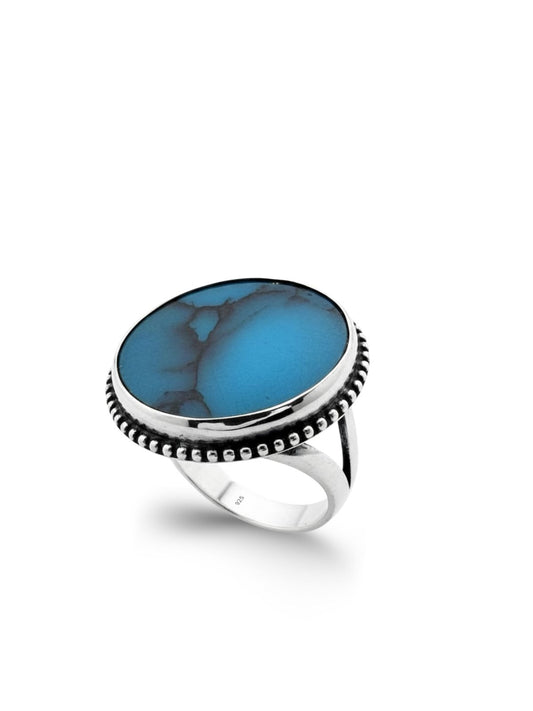 İri Yuvarlak Doğal Firuze Taşlı Gümüş Kadın Yüzük