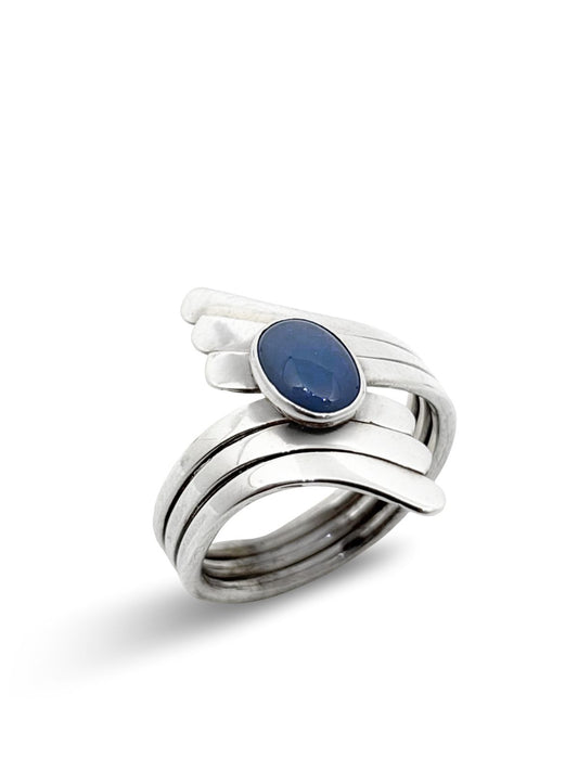 Doğal Mavi Akik Taşlı Kanat Gümüş Kadın Yüzük