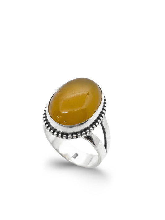 İri Oval Doğal Sarı Akik Taşlı Kadın Gümüş Yüzük