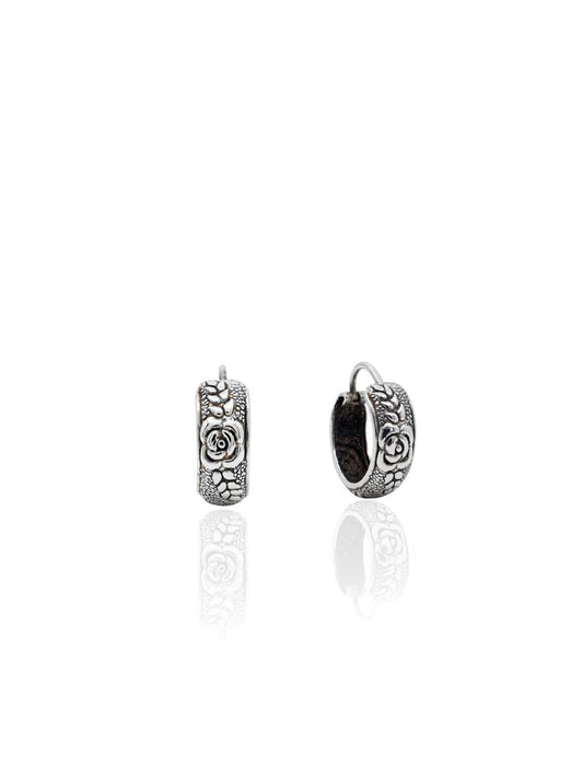 Minimal Etnik Gül Motifli Gümüş Halka Küpe 1.4x1.4cm [OYSY307]