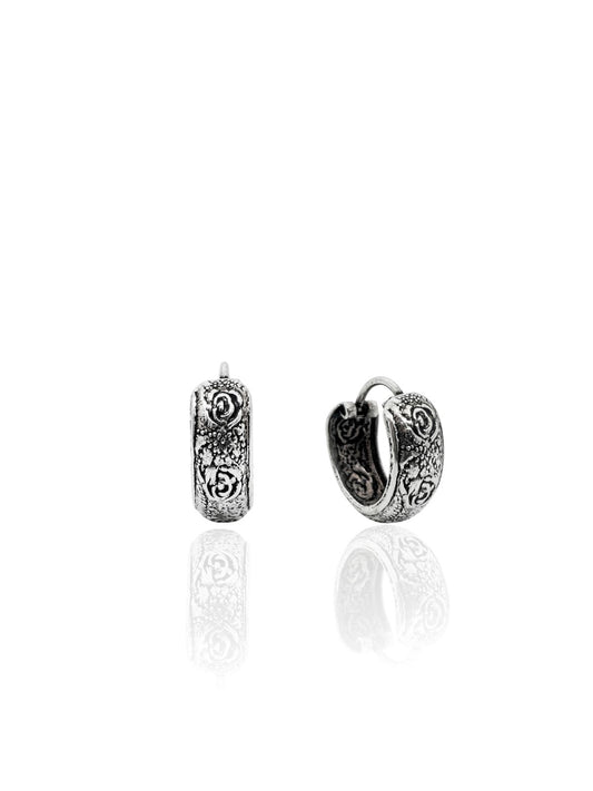 Minimal Etnik Gül Motifli Gümüş Halka Küpe 1.5x1.5 cm [OYSY296]