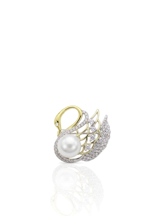İnci Detaylı Kuğu Figürlü Zirkon Taşlı Gümüş Broş 2.2x2.3 cm [OYSY246]