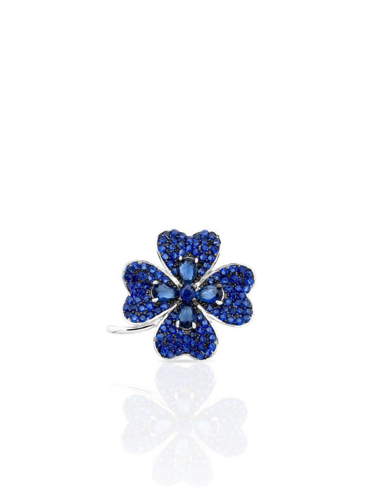 Lacivert Safir Zirkon Taşlı Yonca Gümüş Broş 2.5x2.5 cm [OYSY243]