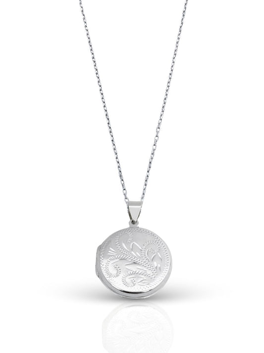 Yuvarlak Düz Lazer İşlemeli Kapaklı Gümüş Fotoğraflık Kolye 3.5x2.7 cm
