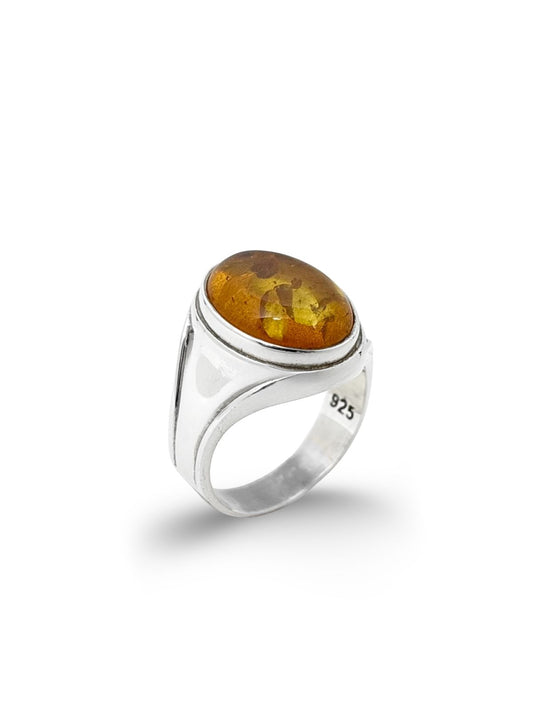 Damarlı Oval Doğal Kehribar Taşlı Gümüş Kadın Yüzük