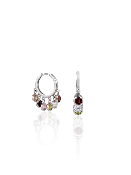 Çoklu Renkli Yuvarlak Taşlı Sallantılı İnce Gümüş Halka Küpe 2 x 1.8 cm [OYSY291]
