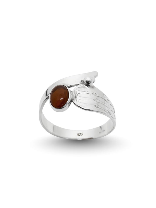 Retro Doğal Akik Taşlı Kanatlı Gümüş Kadın Yüzük