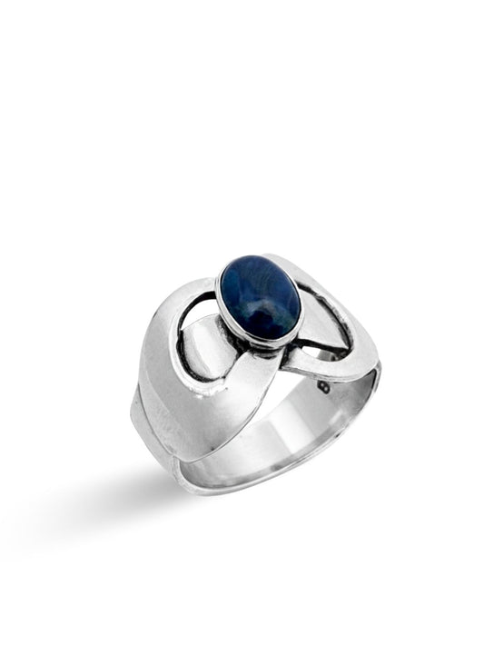 Retro Doğal Lapis Lazuli Taşlı Gümüş Kadın Yüzük