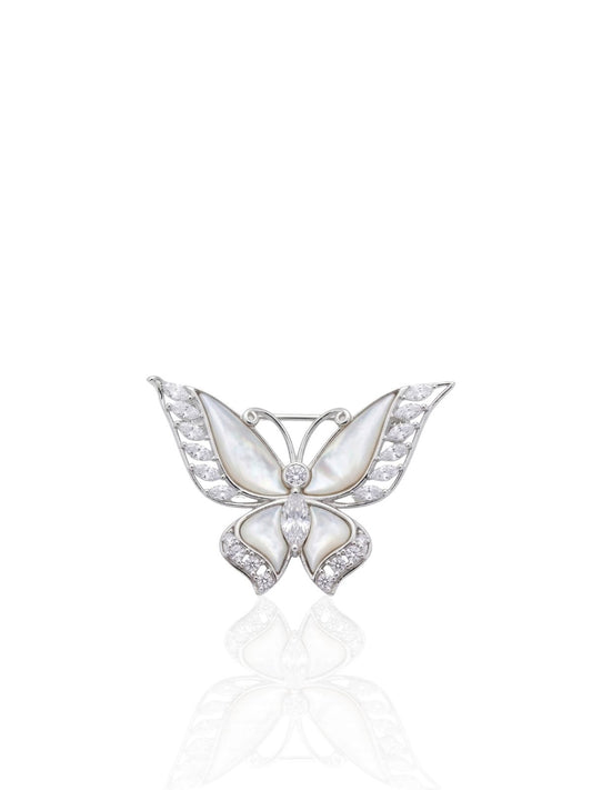 Sedefli Kelebek Baget Zirkon Gümüş Broş 3x4 cm [OYSY247]