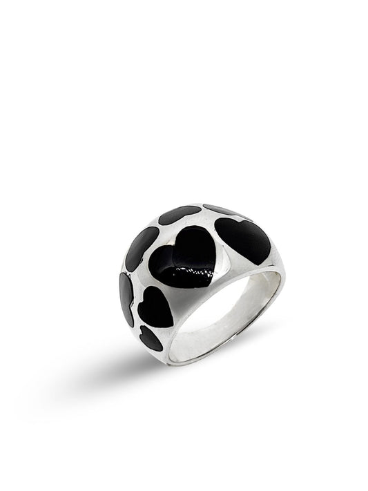 Siyah Mineli Kalp Tasarım Gümüş Kadın Yüzük