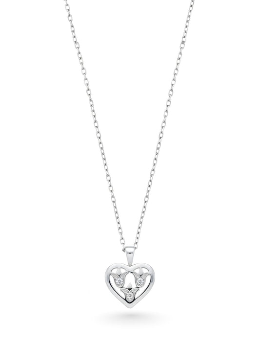 Üçlü Lale Zirkon Taş Detaylı Kalp Gümüş Kolye 2x1.7 cm [OYSY220]