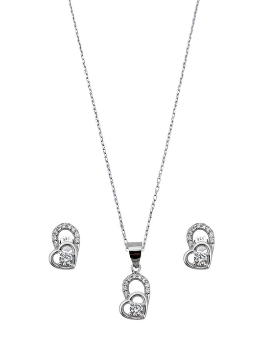 Zirkon Taşlı Çift Kalp Kadın Gümüş Set Takım