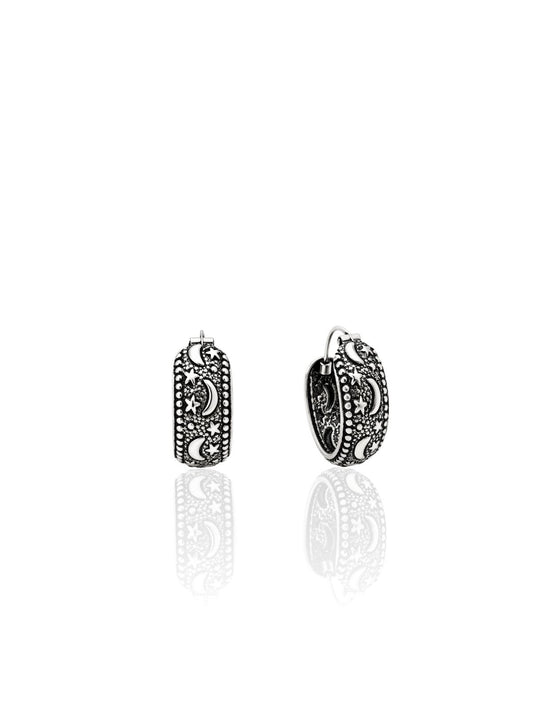 Minimal Etnik Ay Yıldız Desenli Gümüş Halka Küpe 1.6x1.6cm [OYOT410]