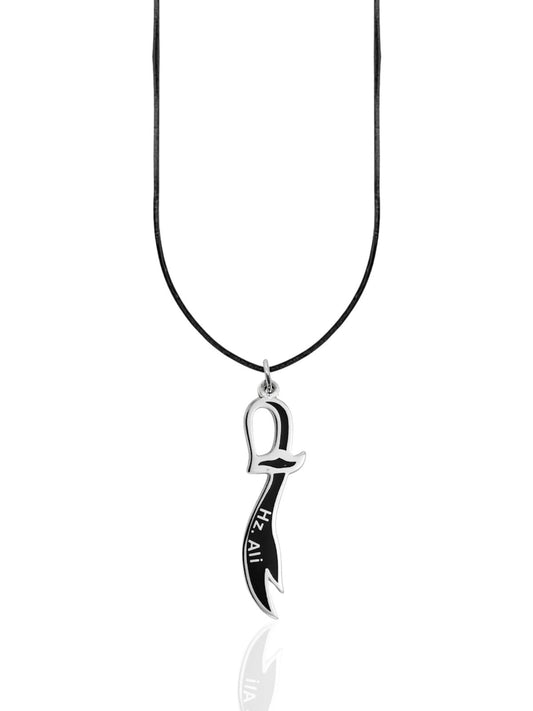 Siyah Mineli Hz. Ali Yazılı Zülfikar Kılıcı Gümüş Kolye Ucu 5.2x1.3cm [OYOT330]