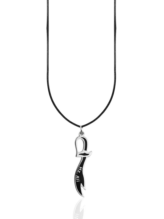 Siyah Mineli Hz. Ali Yazılı Zülfikar Kılıcı Gümüş Kolye Ucu 4.4x1cm [OYOT335]