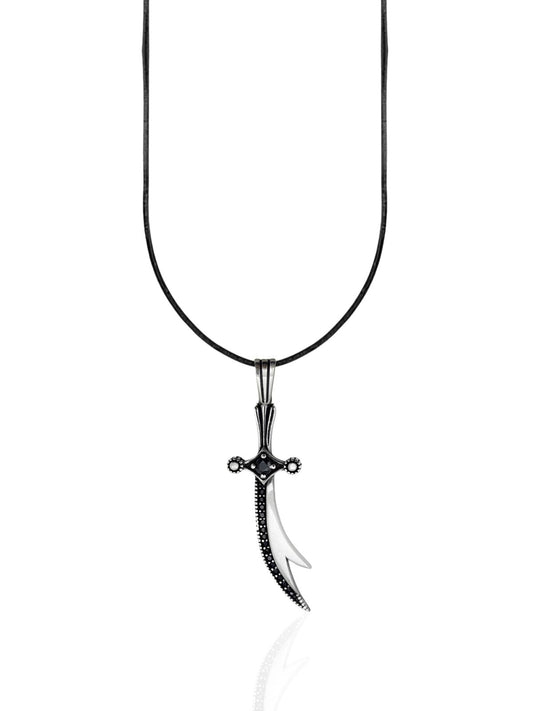 Siyah Zirkon Taşlı Gümüş Zülfikar Kılıç Kolye Ucu 5x1.4cm [OYOT327]